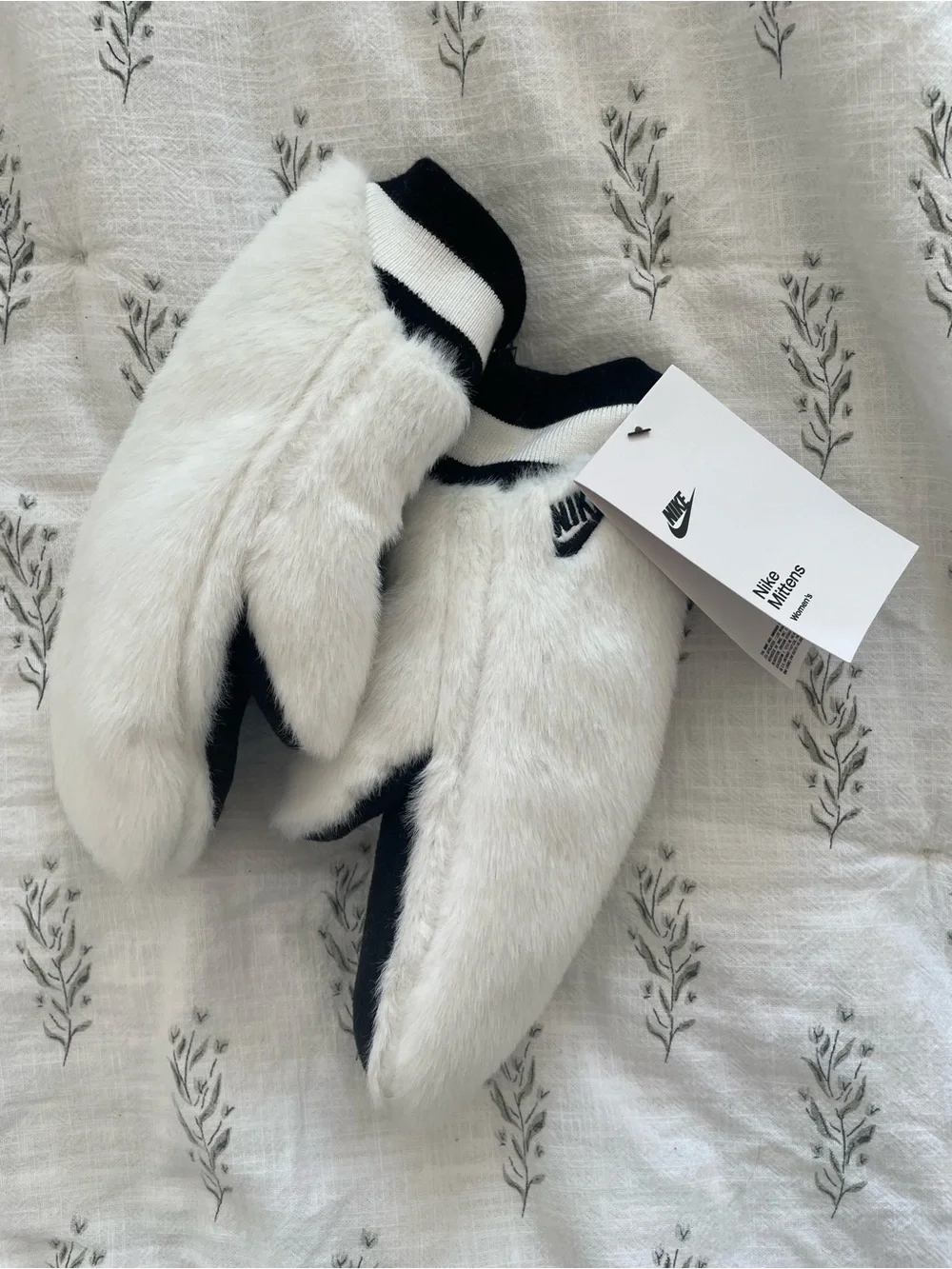 Nike White Faux-Fur Mittens with Black Accents